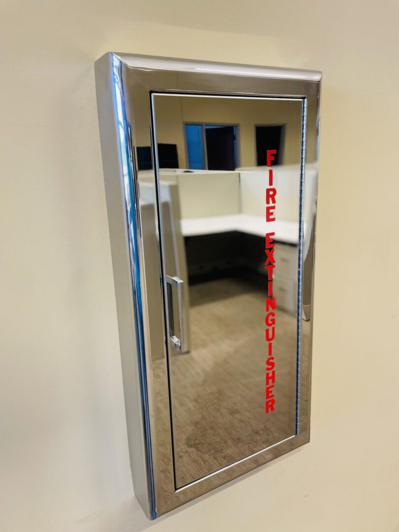 A mirror with the words " fire department " written on it.