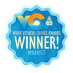 A blue badge with the words wxxy viewers choice awards winner