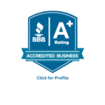 A better business bureau rating badge and a plus sign.