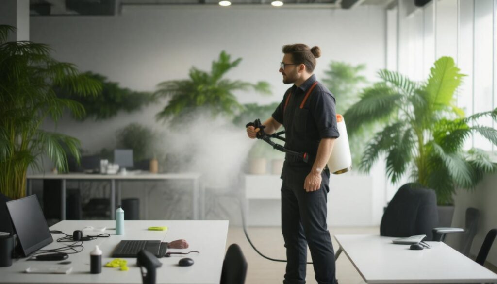 A Gulf South Janitorial employee disinfecting a office space