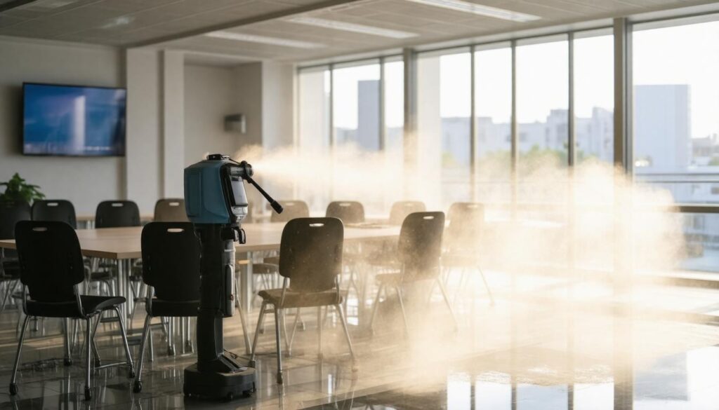 A Gulf South Janitorial employee using a electrostatic sprayer