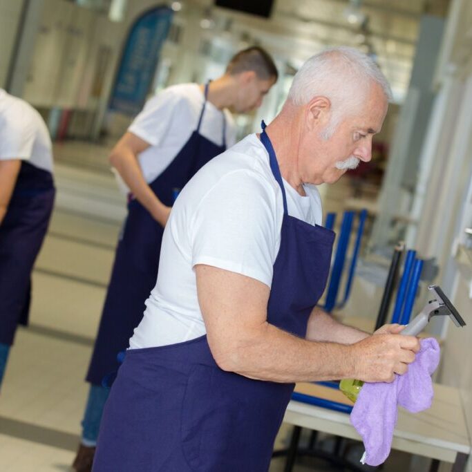 A Gulf South Janitorial technician in an apron holding a pair of scissors.