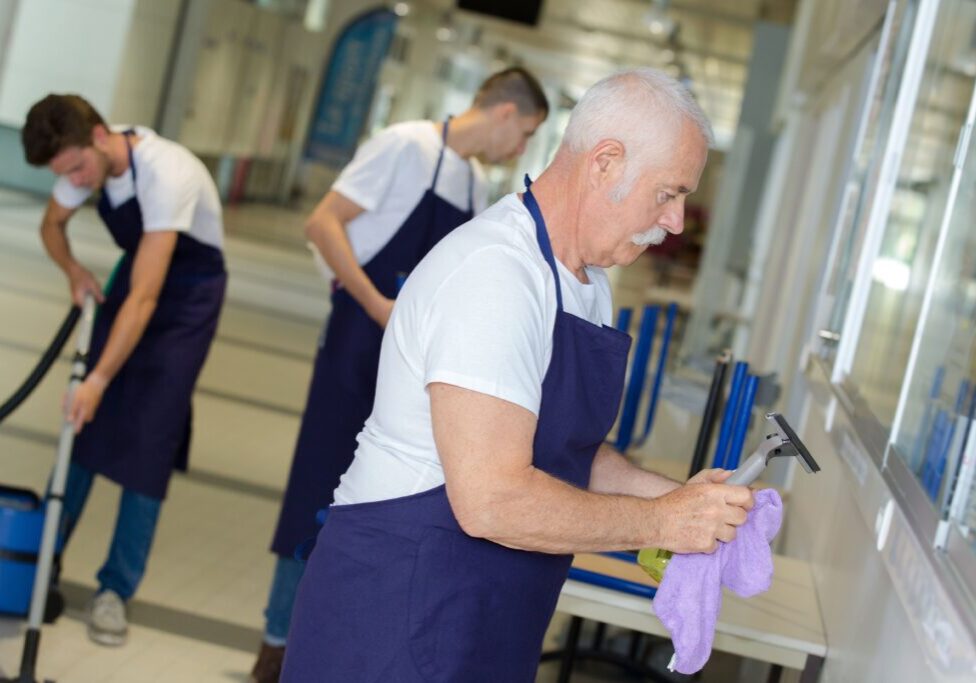 A Gulf South Janitorial technician in an apron holding a pair of scissors.